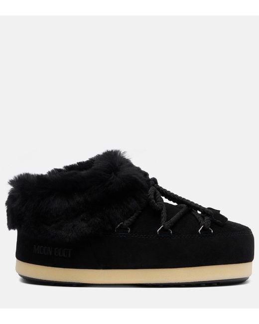 Moon Boot Black Evx Shearling-Trimmed Suede Mules