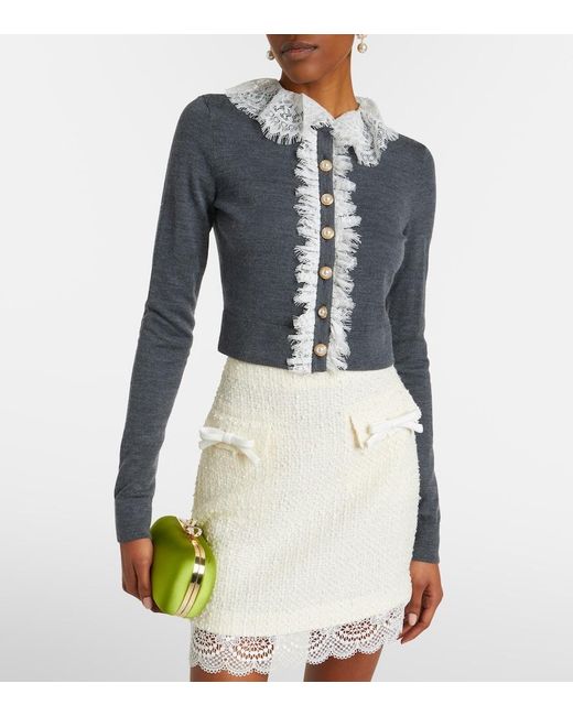 Self-Portrait Blue Lace-Trimmed Wool Cardigan