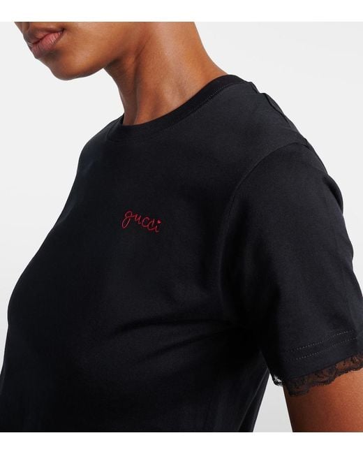 Gucci Black Embroidered Lace-Trimmed Cotton Jersey T-Shirt