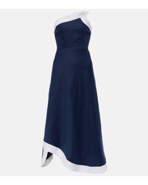 Staud Blue Sirani Asymmetric Linen Maxi Dress