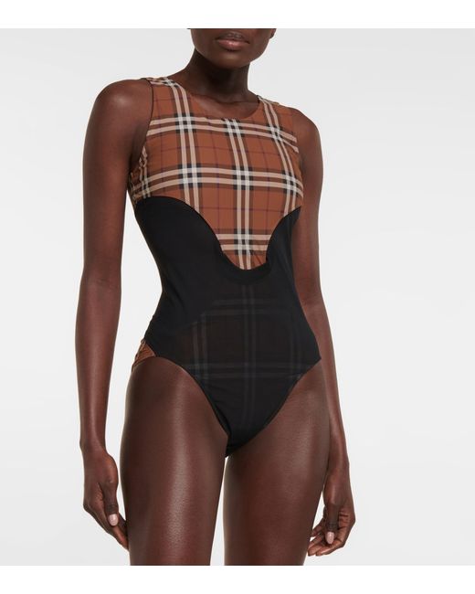 Burberry Vintage Check Jersey And Mesh Bodysuit in Brown | Lyst