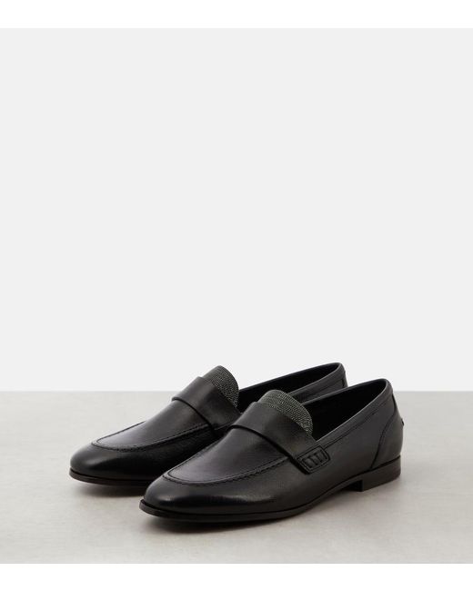 Brunello Cucinelli Black Verzierte Loafers aus Leder