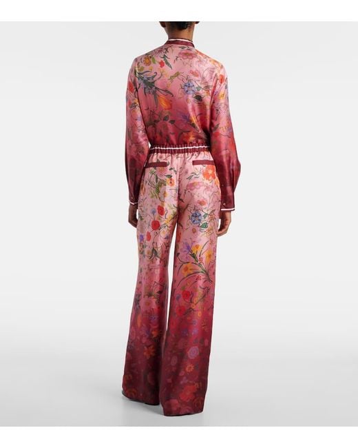 Gucci Red Floral Silk Wide-Leg Pants