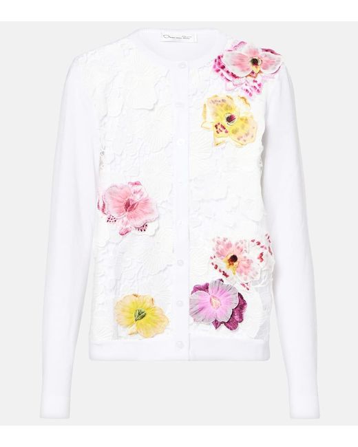 Oscar de la Renta White Floral-Applique Cotton-Blend Cardigan
