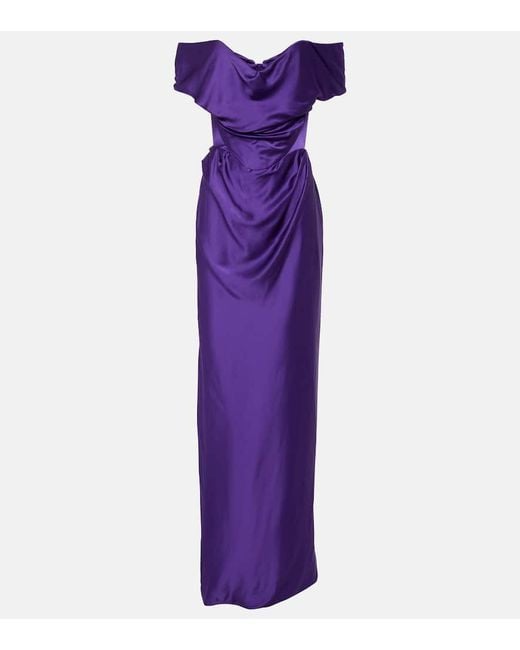 Abito lungo in raso con scollo bardot di Vivienne Westwood in Purple