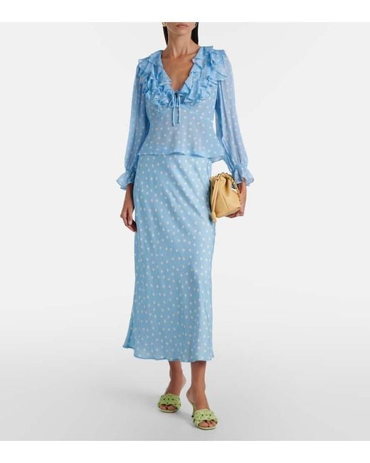 Rixo Blue Ardith Polka-Dot Midi Skirt
