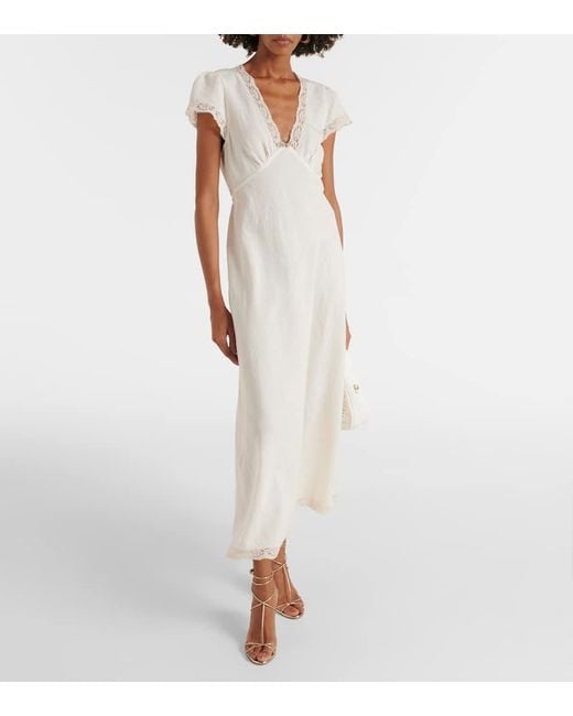 Rixo White Clarice Lace-Trimmed Woven Midi Dress