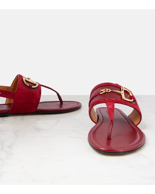 Gucci Red Horsebit Suede Thong Sandals
