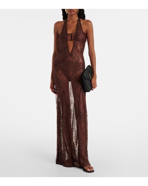 Adriana Degreas Purple Open-Back Sheer Lace Maxi Dress