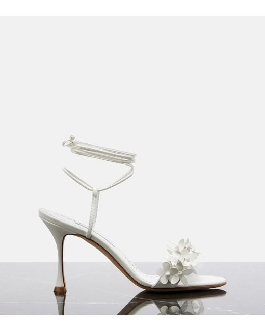Manolo Blahnik White Anista Floral-Applique Leather Sandals