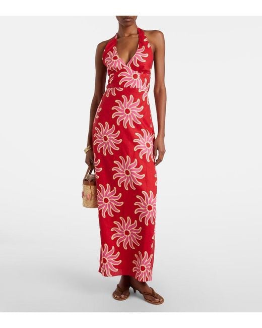 Cala De La Cruz Red Dasha Printed Halterneck Linen Maxi Dress