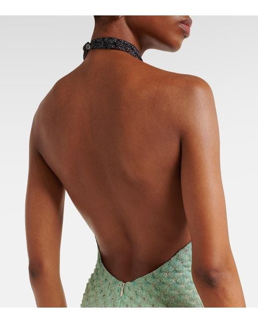 missoni green halter dress Missoni Gathered Metallic Open-knit Maxi Dress In Green