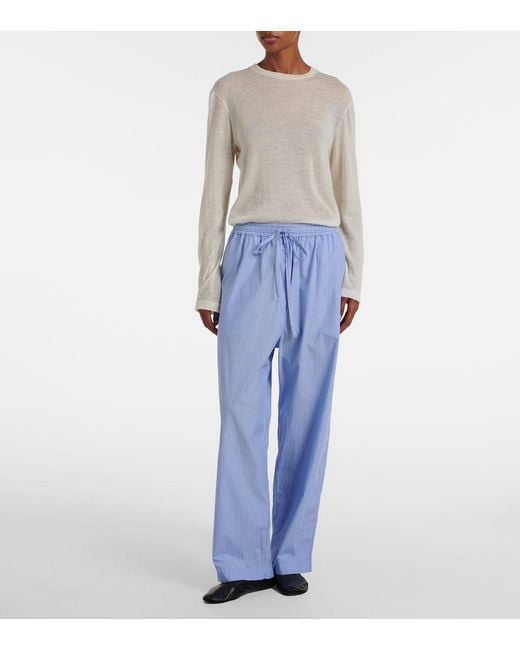 The Row Blue Orien Striped Cotton Wide-Leg Pants