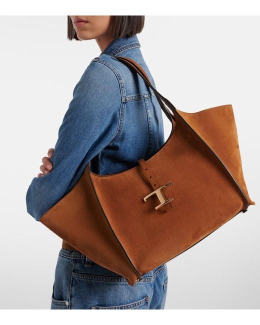 Tod's Brown T Timeless Small Suede Tote Bag