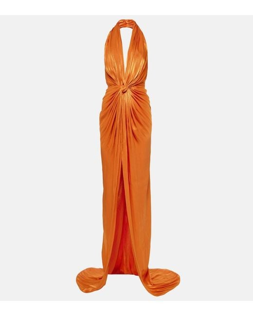 Costarellos Orange Colette Gathered Halterneck Silk Gown