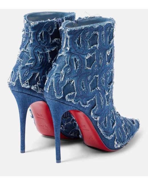 Christian Louboutin Blue So Kate 100 Embroidered Distressed Denim Ankle Boots