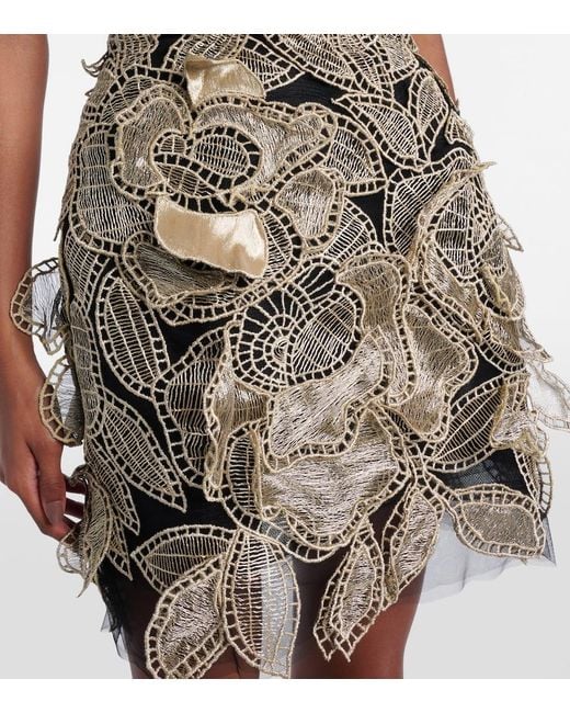 Oscar de la Renta Black Floral-Applique Tulle Minidress