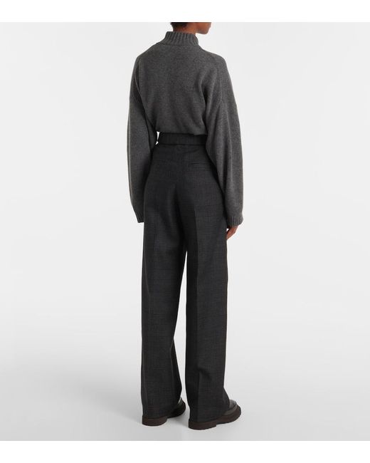 Brunello Cucinelli Gray High-Rise Wool Wide-Leg Pants