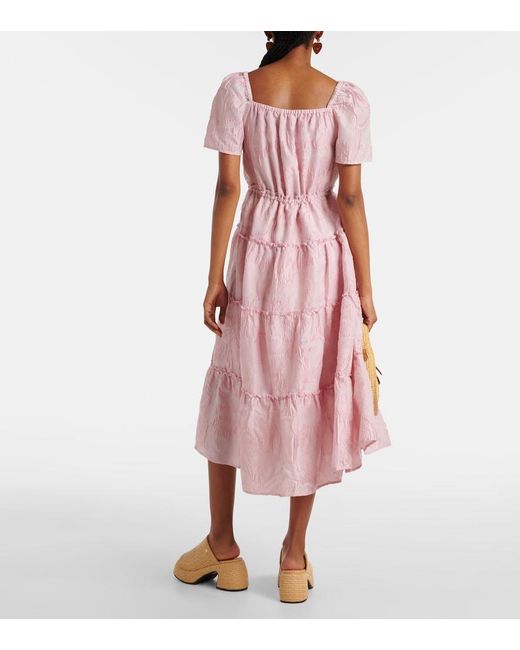 Ganni Pink Textured Cloqué Tiered Maxi Dress