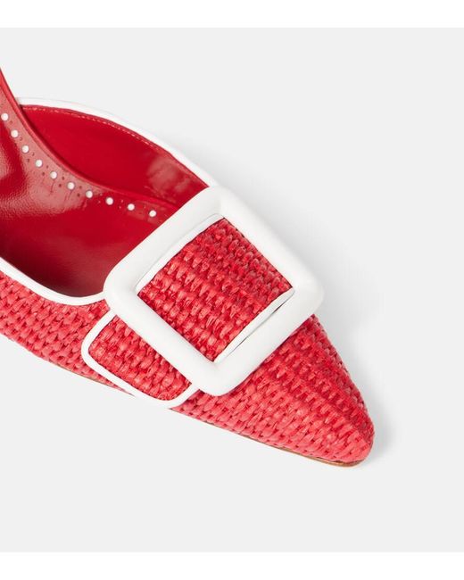 Manolo Blahnik Red Maysale 70 Leather-Trimmed Raffia Mules