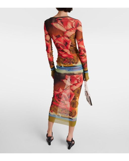 Jean Paul Gaultier Red Roses Printed Tulle Midi Dress