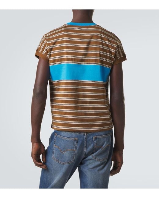 Versace Blue Logo Striped Cotton T-Shirt for men