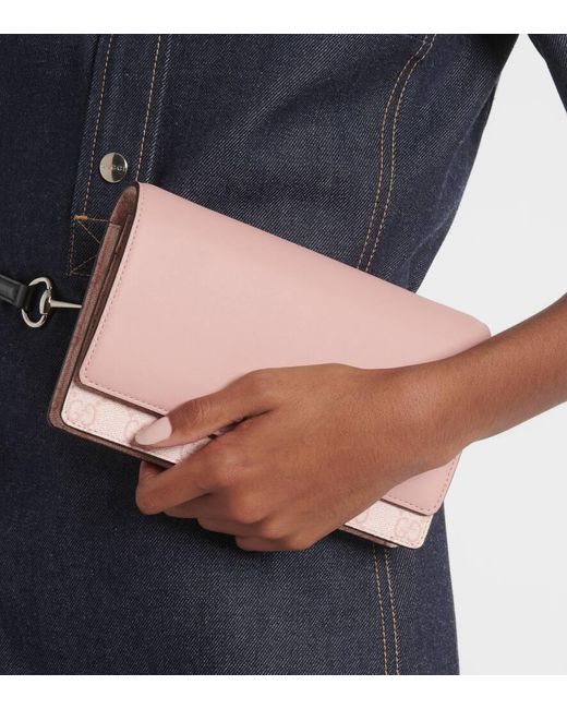 Gucci Pink Gg Emblem Leather-Trimmed Wallet On Chain