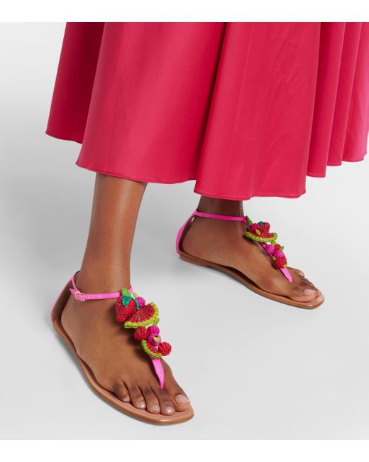 Aquazzura Pink Strawberry Punch Raffia Thong Sandals
