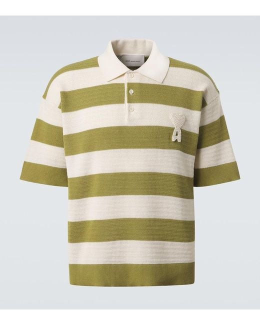 AMI Green Ami De Cour Striped Cotton Polo Shirt for men