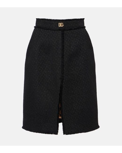 Dolce & Gabbana Black Raschel Tweed Midi Skirt With Central Slit And Dg Logo
