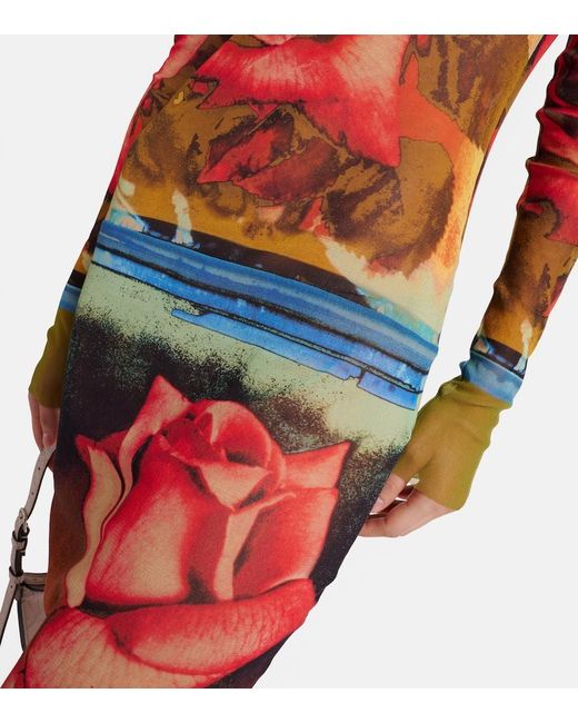 Jean Paul Gaultier Red Roses Printed Tulle Midi Dress