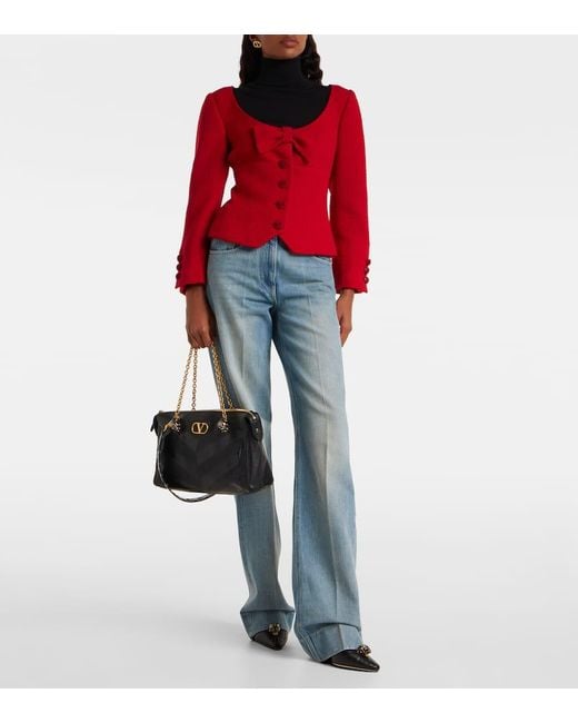 Valentino Red Bow-Detail Cropped Wool-Blend Tweed Jacket