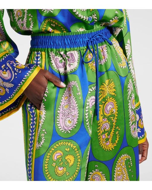 ALÉMAIS Green Printed Silk Satin Wide-Leg Pants
