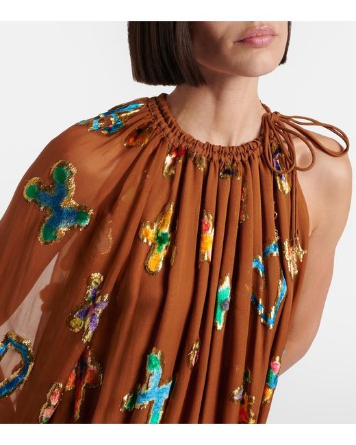 ALÉMAIS Brown Embroidered Silk-Blend Mini Dress