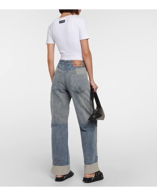 MARINE SERRE Blue Patchwork High-rise Wide-leg Jeans