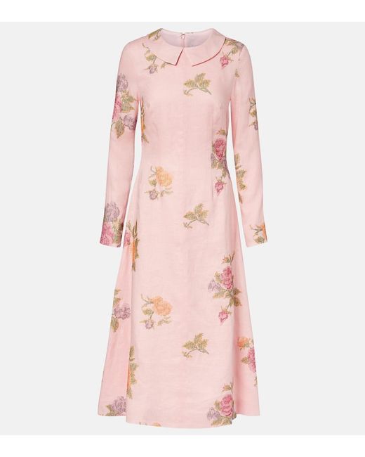 Markarian Pink Floral Linen Midi Dress