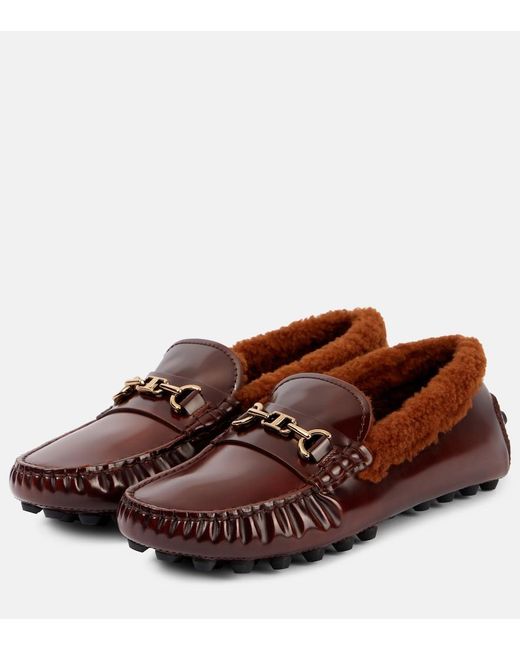 Tod's Brown Shearling-Trimmed Leather Loafers