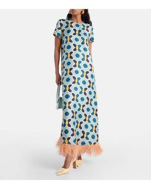 LaDoubleJ Green Swing Feather-trimmed Silk Maxi Dress