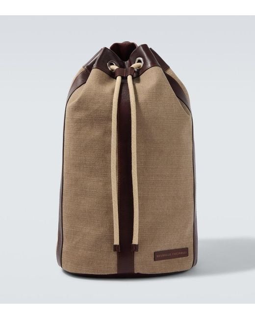 Brunello Cucinelli Brown Leather-Trimmed Canvas Backpack for men