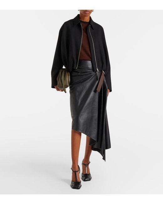 Loewe Black Asymmetric Draped Leather Midi Skirt