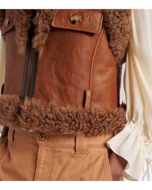 Chloé Brown Shearling-Trimmed Leather Vest