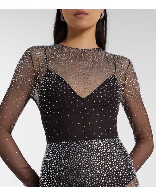 Alex Perry Gray Crystal-Embellished Mesh Maxi Dress