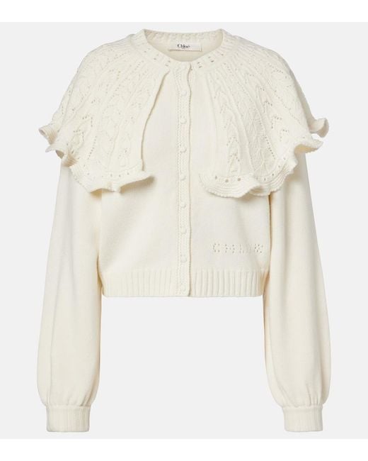Chloé Natural Ruffled Wool And Cashmere Cardigan