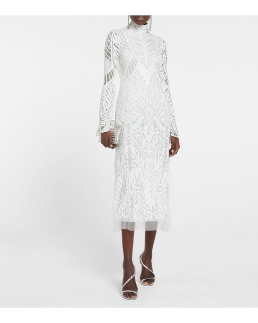 Galvan White Bridal Borghese Backless Lace Midi Dress