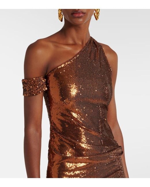 The New Arrivals Ilkyaz Ozel Brown Lizette Sequined One-Shoulder Gown