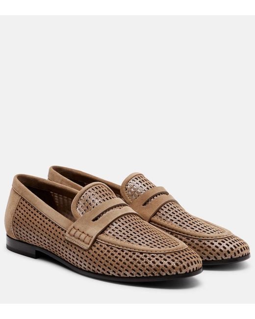 Brunello Cucinelli Brown Perforated Suede-Trimmed Leather Penny Loafers