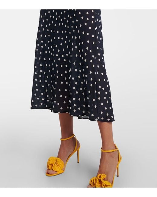 Rixo Blue Ardith Polka-Dot Silk Midi Skirt
