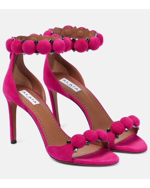 Alaïa Pink Bombe Stud Suede Ankle-Wrap High-Heel Sandals