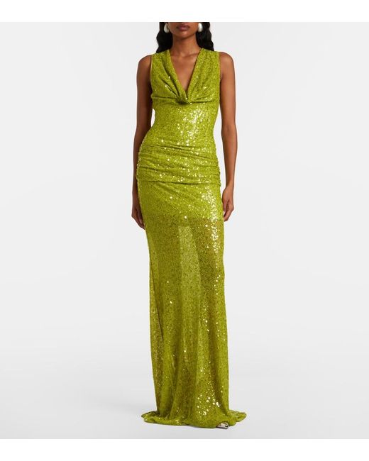 David Koma Green Sequined Draped Gown