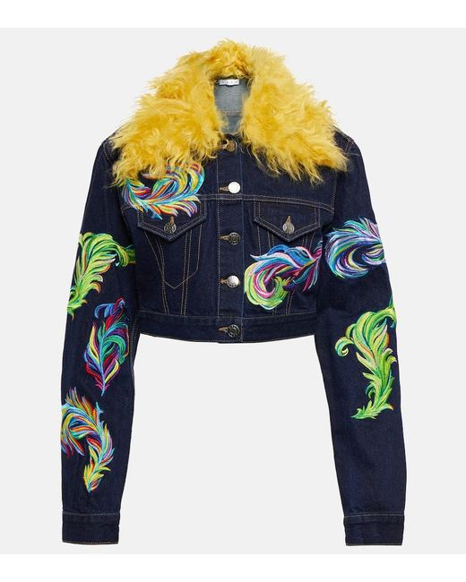 Area Blue Mohair-Trimmed Cropped Denim Jacket